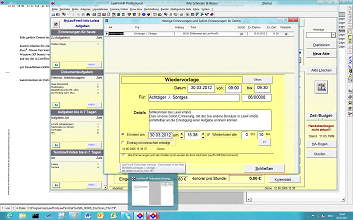 Windows 8 Anwaltssoftware Labortests - LawFirm Professional - Technik-Test mit der Erinnerungsfunktion in der Aufgabenverwaltung, im Hintergrund der Dokumentenviewer mit einer Fax-Vorschau-Anzeige